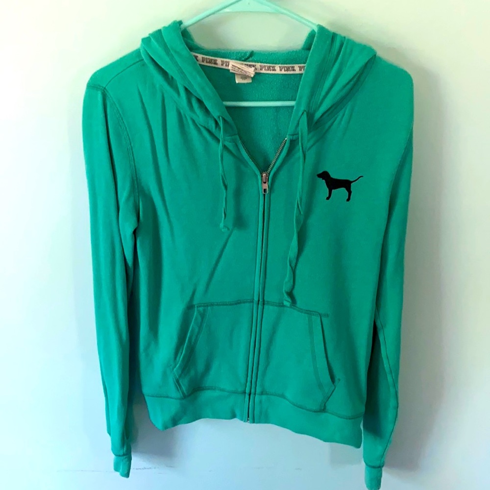 Green full zip hooded jacket. PINK. Size S.